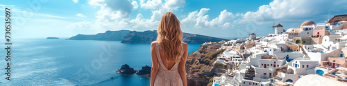 Santorini travel tourist woman on vacation in Oia walking at the village. A person in dress visiting the famous white village with the Mediterranean sea and blue domes. Europe summer destination photo