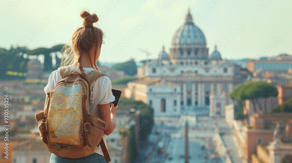 Rome Europe Italia travel summer tourism holiday vacation background, young smiling girl with a mobile phone camera and map in hand standing on the hill looking on the cathedral the Vatican - obrazy, fototapety, plakaty 