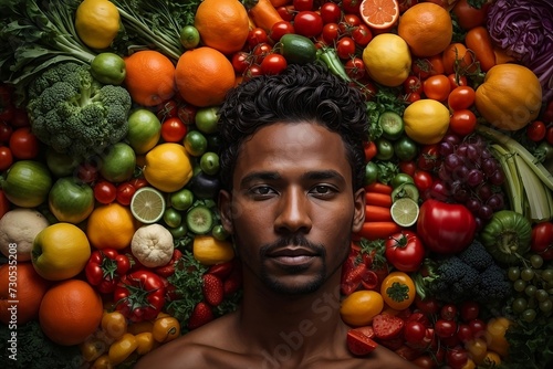 A stunningly realistic man's face designed with fresh vegetables and fruits
