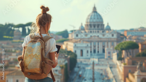 Rome Europe Italia travel summer tourism holiday vacation background, young smiling girl with a mobile phone camera and map in hand standing on the hill looking on the cathedral the Vatican