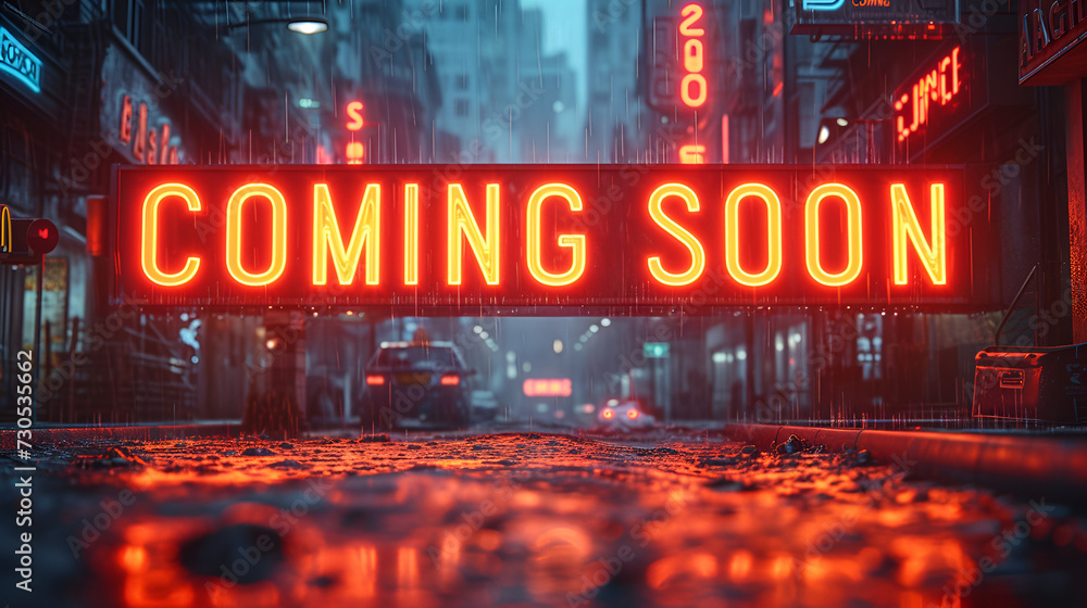 “Coming Soon” neon banner - cityscape - message integrated into story - build anticipation. - announcement 