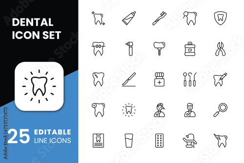 Dental icons in line style for Any Purposes. Perfect for website mobile app presentation. Suitable for any user interface and user experience