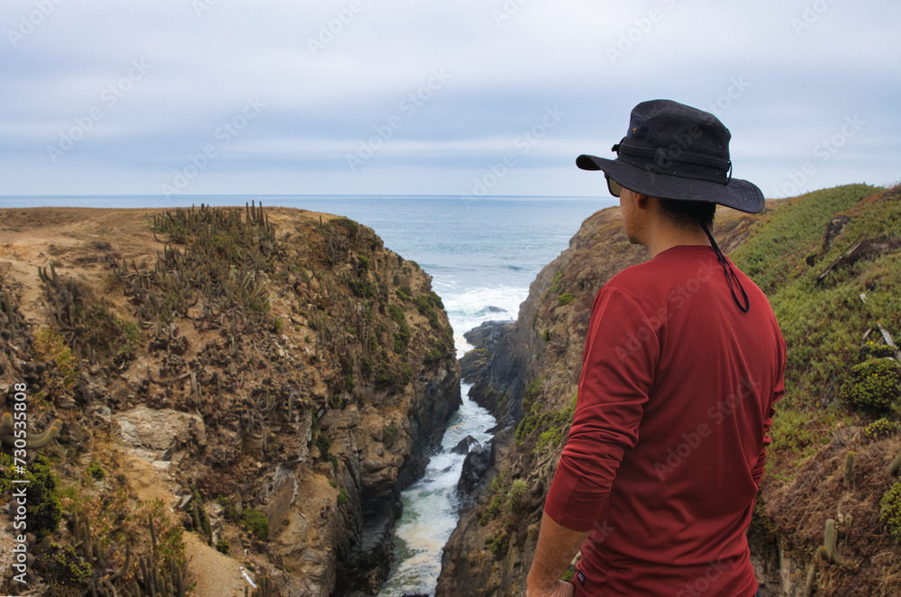 Turista mirando la naturaleza en el borde costero