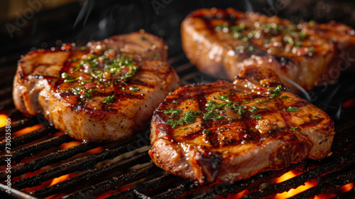 The irresistible sound of sizzling pork chops fills the air as they cook over an open flame and await their flavorful topping of homemade applesauce. photo