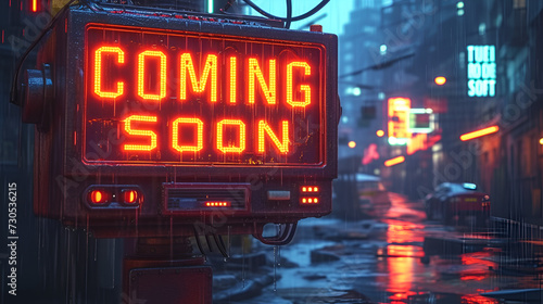 Coming Soon” neon banner - cityscape - message integrated into story - build anticipation. - announcement 