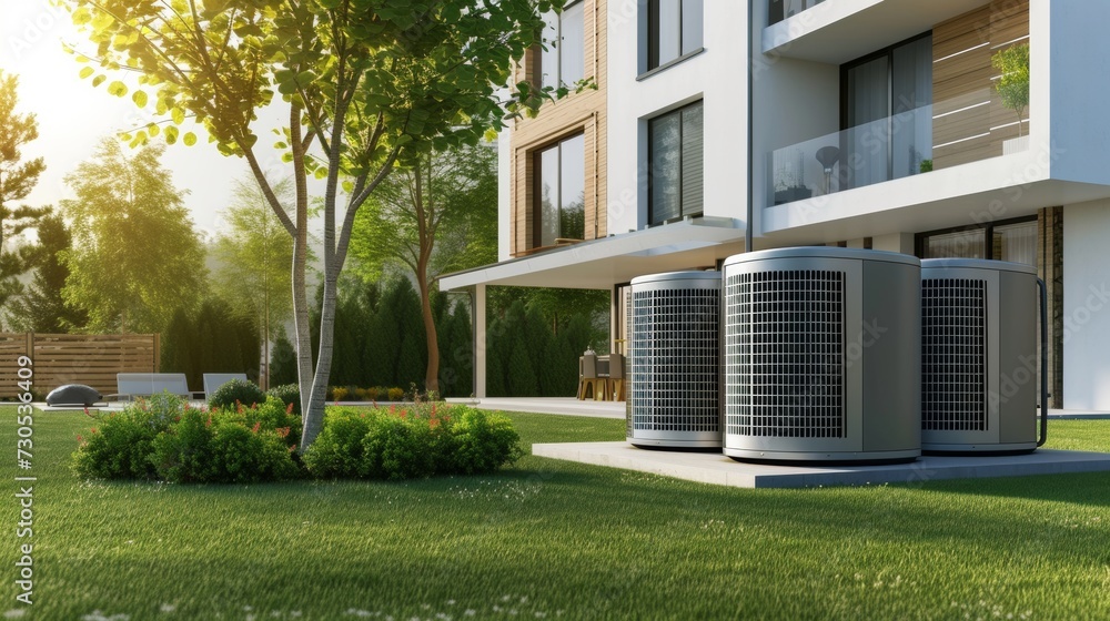 An air source heat pump is installed outside of a new modern house, providing sustainable and clean energy at home. An air source heat pump is installed outside of a new modern house, providing sustainable and clean energy at home.