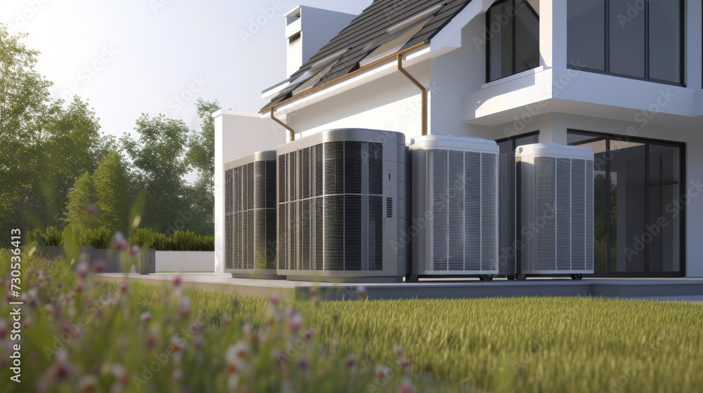 An air source heat pump is installed outside of a new modern house, providing sustainable and clean energy at home. An air source heat pump is installed outside of a new modern house, providing sustainable and clean energy at home.