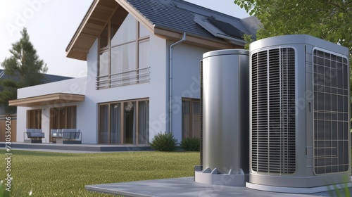 An air source heat pump is installed outside of a new modern house, providing sustainable and clean energy at home.