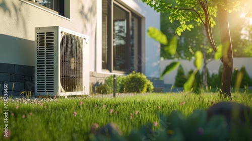An air source heat pump is installed outside of a new modern house, providing sustainable and clean energy at home.