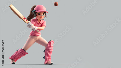 A cartoon cricket player in pink jersey isolated on gray background