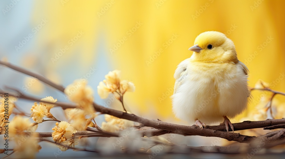A spring bird on a branch with flowers on a yellow background. A spring bird on a branch with flowers on a yellow background.