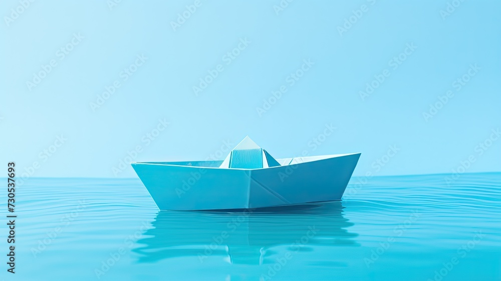 A lonely origami paper boat floating on the water.