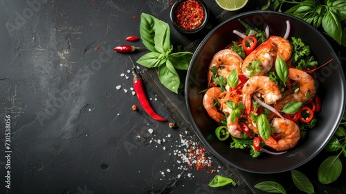 Spicy mixed seafood salad with thai food ingredients, realistic, HD, copy space - generative ai