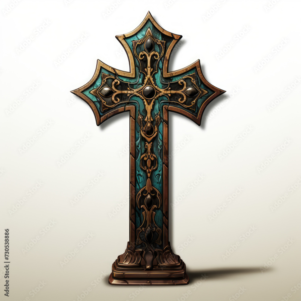Ornate Vintage Cross on Stand with Turquoise Accents

