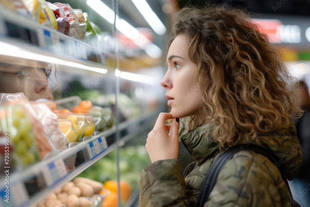 Young woman pondering over healthy food options