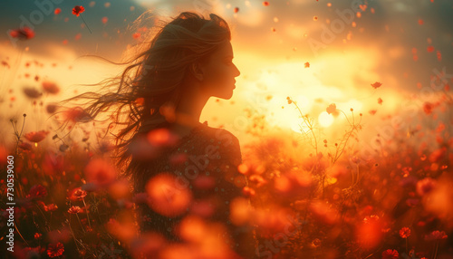 Dreamy Sunset Silhouette of a Woman in a Field of Poppies