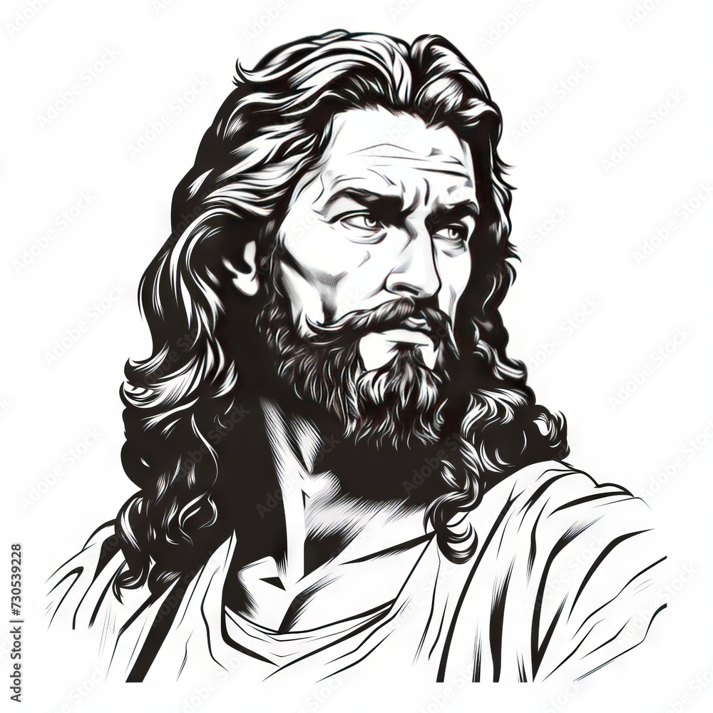 Fototapeta premium Monochrome Illustration of Jesus Christ in Thoughtful Pose