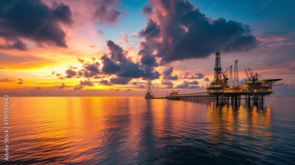 A peaceful sunset over a specialized offshore oil and gas port highlighting the essential role these facilities play in the global energy supply chain.