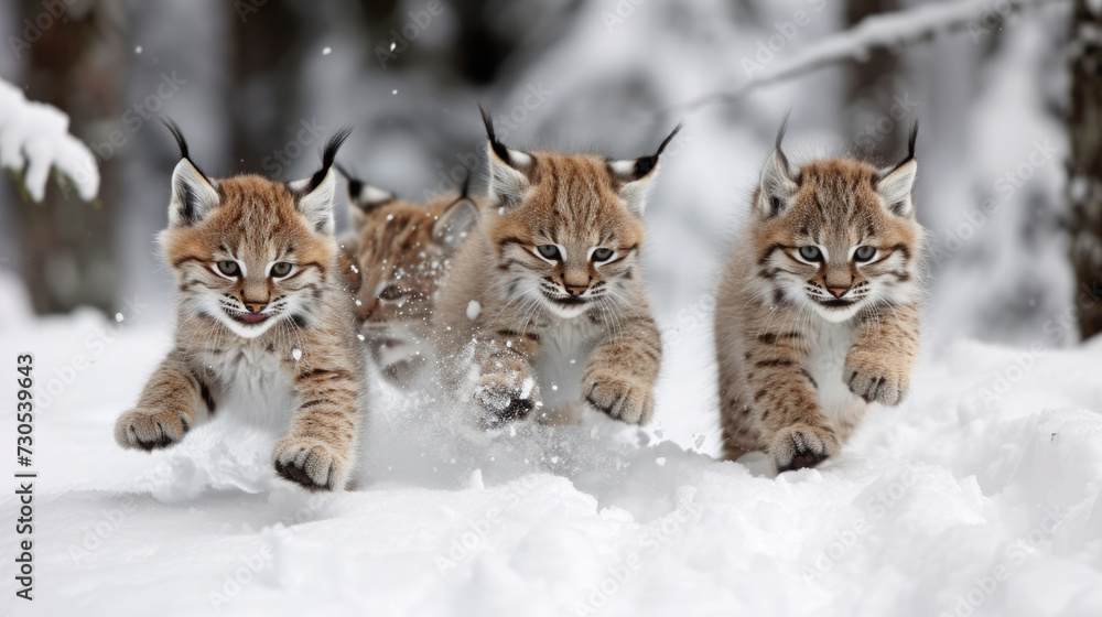 Lynx kittens' comical expressions on snowy terrain