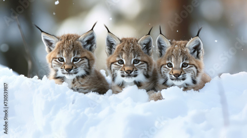 Lynx kittens  comical expressions on snowy terrain