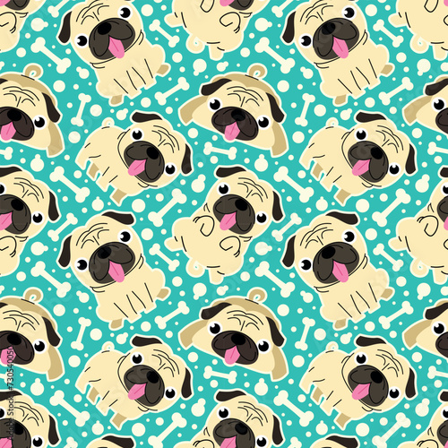 CUTE PUG DOG AND BONES IN SEAMLESS PATTERN DESIGN