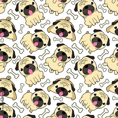 CUTE PUG DOG AND BONES SEAMLESS PATTERN