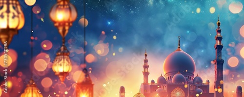 Mosque decorated with lanterns with a view of the sky at night. Ramadan concept photo