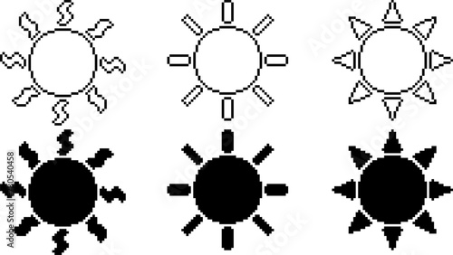 black white pixel art sun icon set