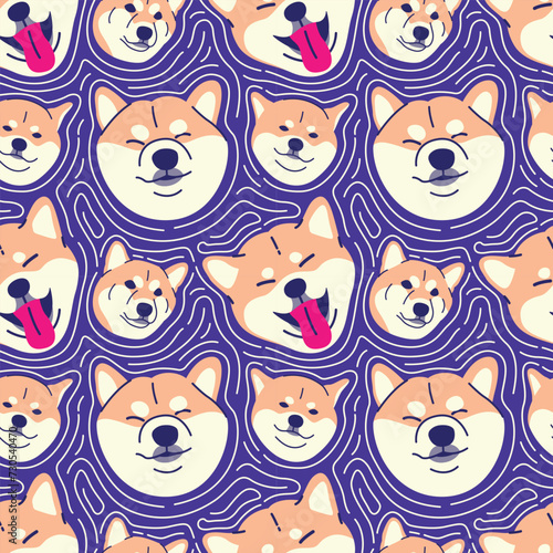 CUTE SHIBA DOGS HEAD IN PURPLE BACKGROUND PATTERN