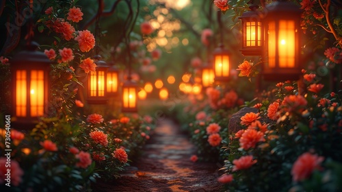 Glowing Pathway Amidst Blooms Lantern-lit Magic in a Garden Haven. Made with Generative AI Technology © mafizul_islam