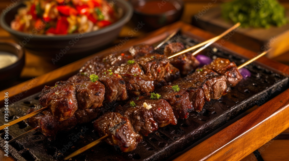 A feast for the senses grilled skewers of meat tender and bursting with flavor accented by a backdrop of flickering flames and the bustling energy of a bustling Peru.