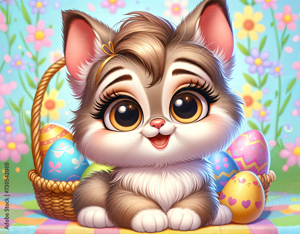 Fototapeta premium A cute cartoon kitten beside a basket of colorful Easter eggs, with vibrant spring flowers in the background