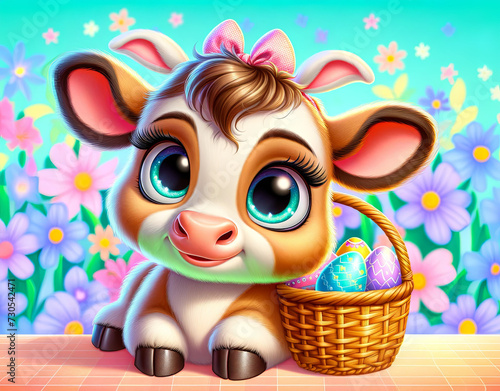 A cute cartoon baby cow beside a basket of colorful Easter eggs, with vibrant spring flowers in the background