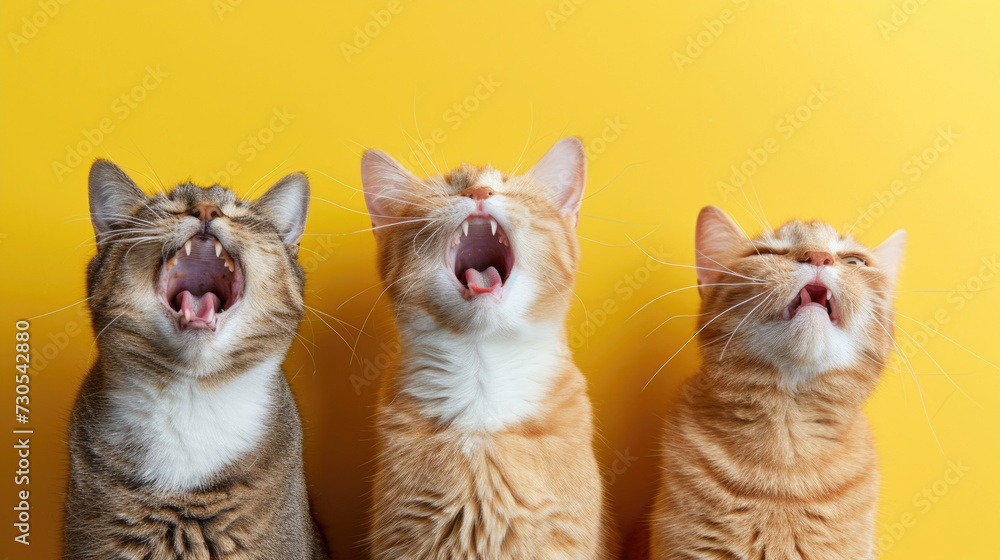 Three adult cats making funny faces on yellow