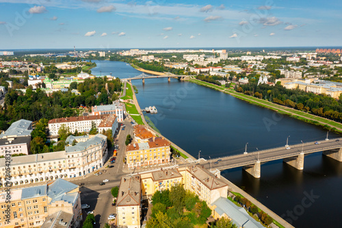 Cityscape of Tver, Russia. Bridge across Volga and observation wheel Tver Regional Picture Gallery seen from above.