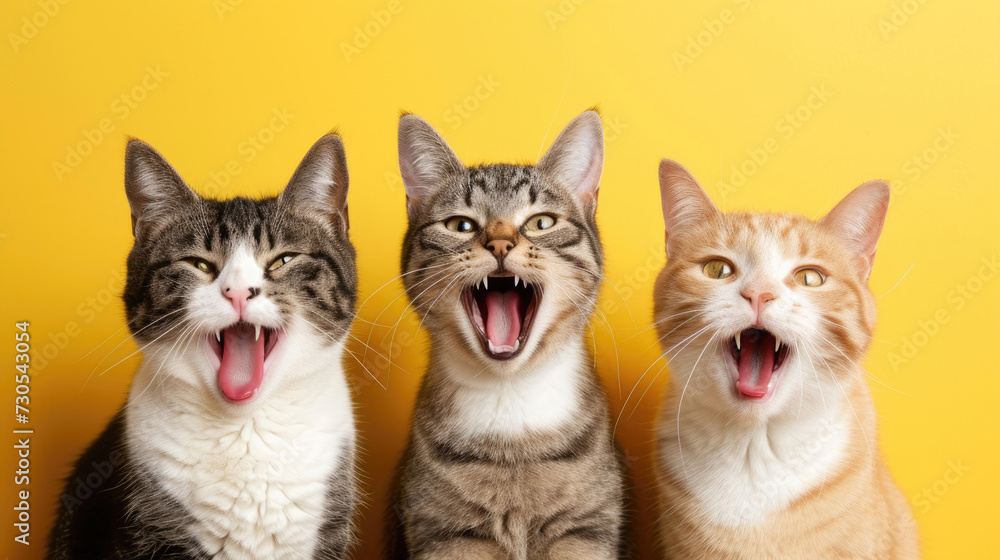 Three adult cats making funny faces on yellow