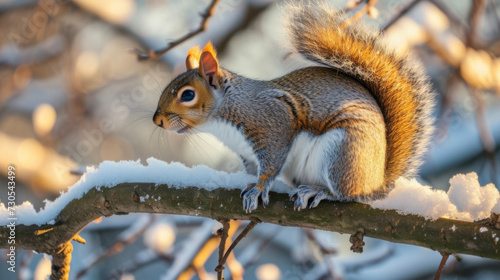 A furry squirrel sits atop a snowcovered branch basking in the suns warm rays. © Justlight