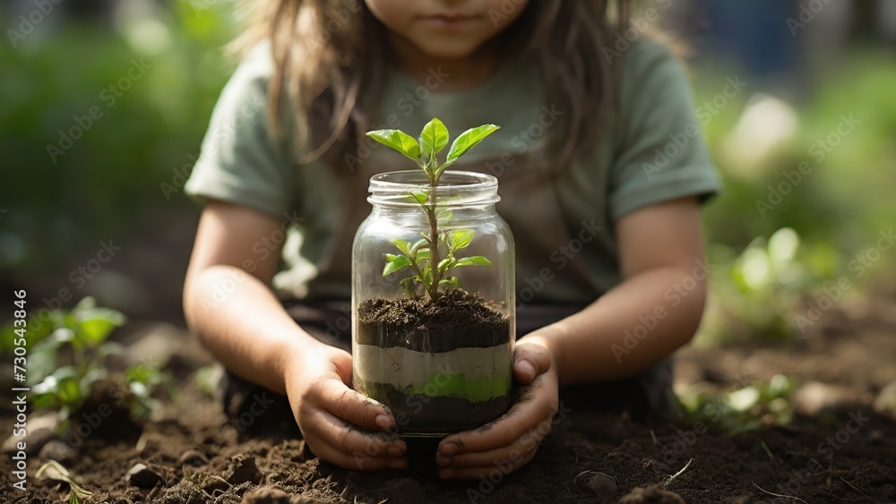 Little One Tenderly Holding a Glass Jar Filled with Green Life Little One Tenderly Holding a Glass Jar Filled with Green Life