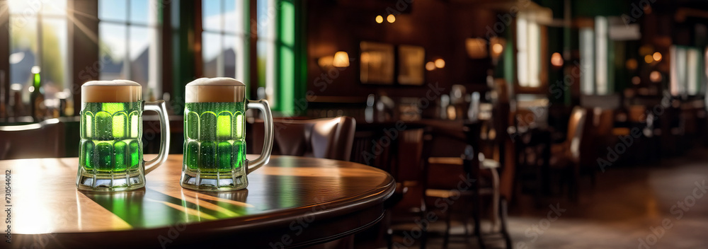 Two beer mugs with a green drink on a wooden table with a blurred pub background. St. Patrick's Day banner concept with free space for advertising.