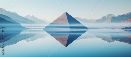 Balanced stone pyramid reflected in mirror-like mountain lake  surrounded by blue mountains.
