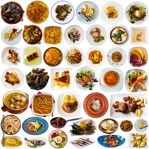 Collection of delicious restaurant and homemade Catalan dishes isolated on white..
