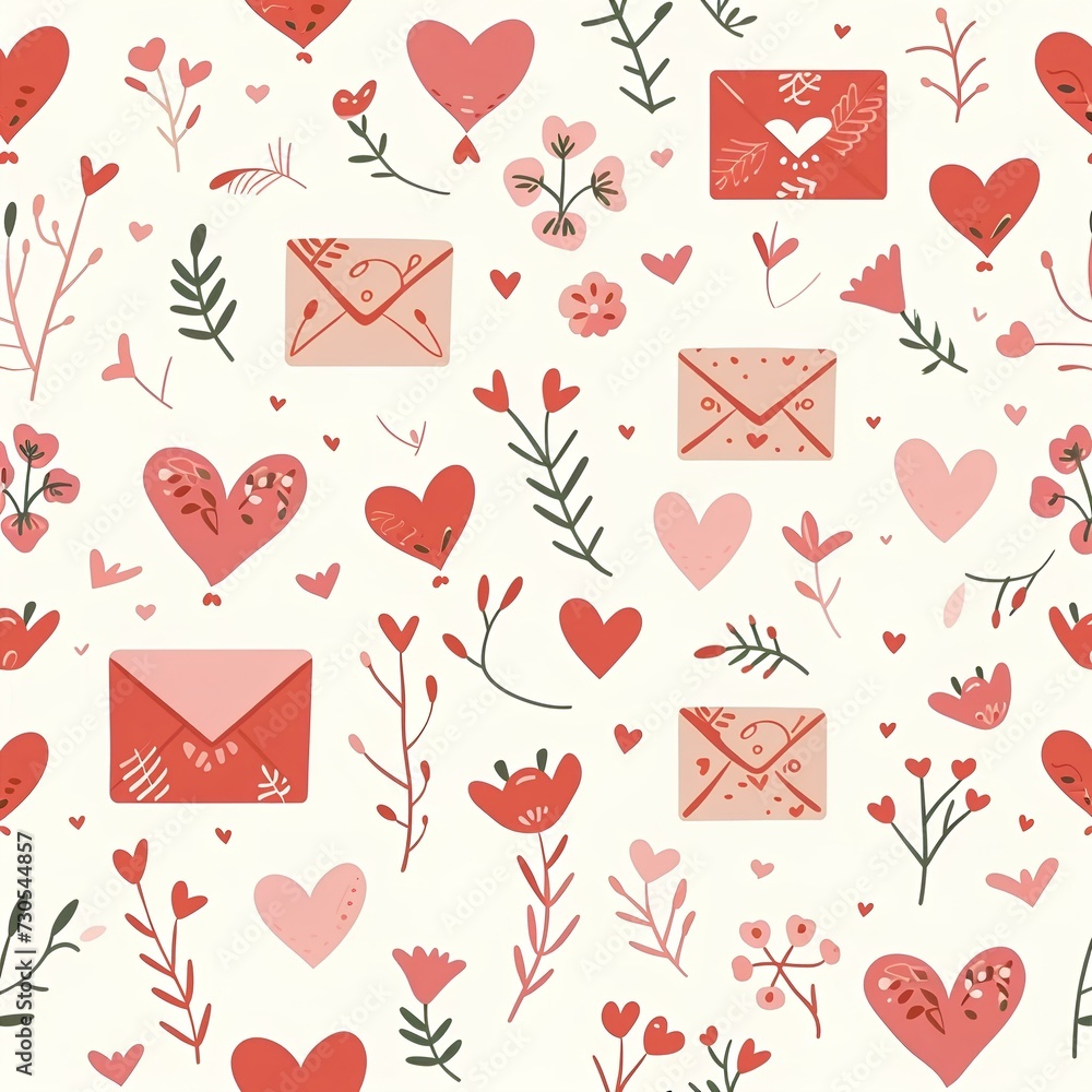 Background pattern with envelope heart and flowers. illustration in cartoon retro style for love valentine festival