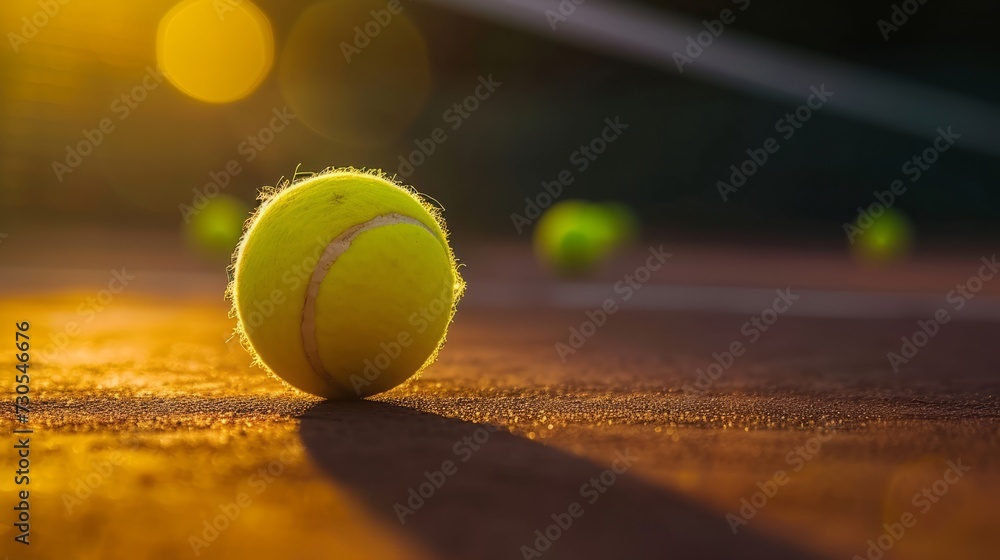 Close-up shots of tennis balls in tennis courts with a mesh as a blurred background And the light shining on the ground makes the image beautiful