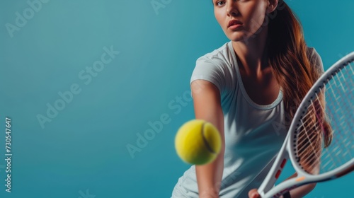 Partial view of sportive young woman holding tennis racket and ball while playing on blue background © Artem