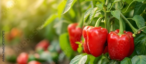 Image of a pepper tree with red bell pepper or sweet pepper. photo