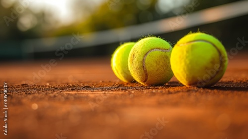 Tennis balls on a tennis clay court © Artem
