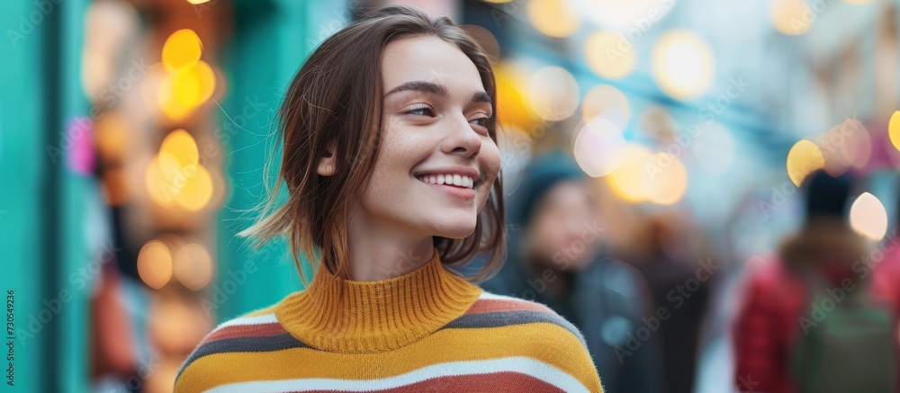 Picture of a charming woman wearing striped sweater smiling among shoppers on a teal background.