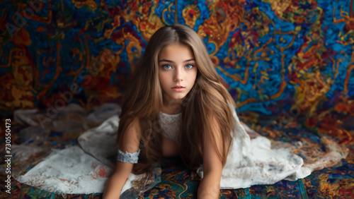 A mysterious aura surrounds a person with luscious, wavy hair, wearing an elegant red lace garment. The face is obscured, adding an enigmatic touch against a dark, textured backdrop