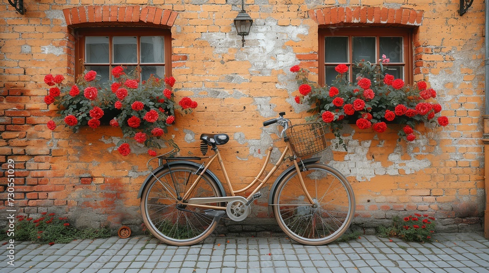 Mid-Range Charm of a Flower-Adorned Bicycle Against a Rustic Brick Wall, Soft Focus Adding a Romantic and Whimsical Flair to the Nostalgic Scene. Made with Generative AI Technology
