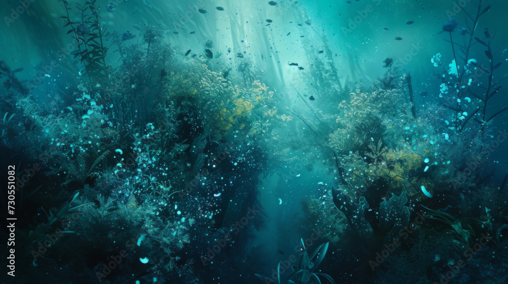 Fototapeta premium Abstract shapes and lines in shades of turquoise and aquamarine capturing the ethereal beauty of a sunken shipwreck overgrown with vibrant sea flora and inhabited by curious